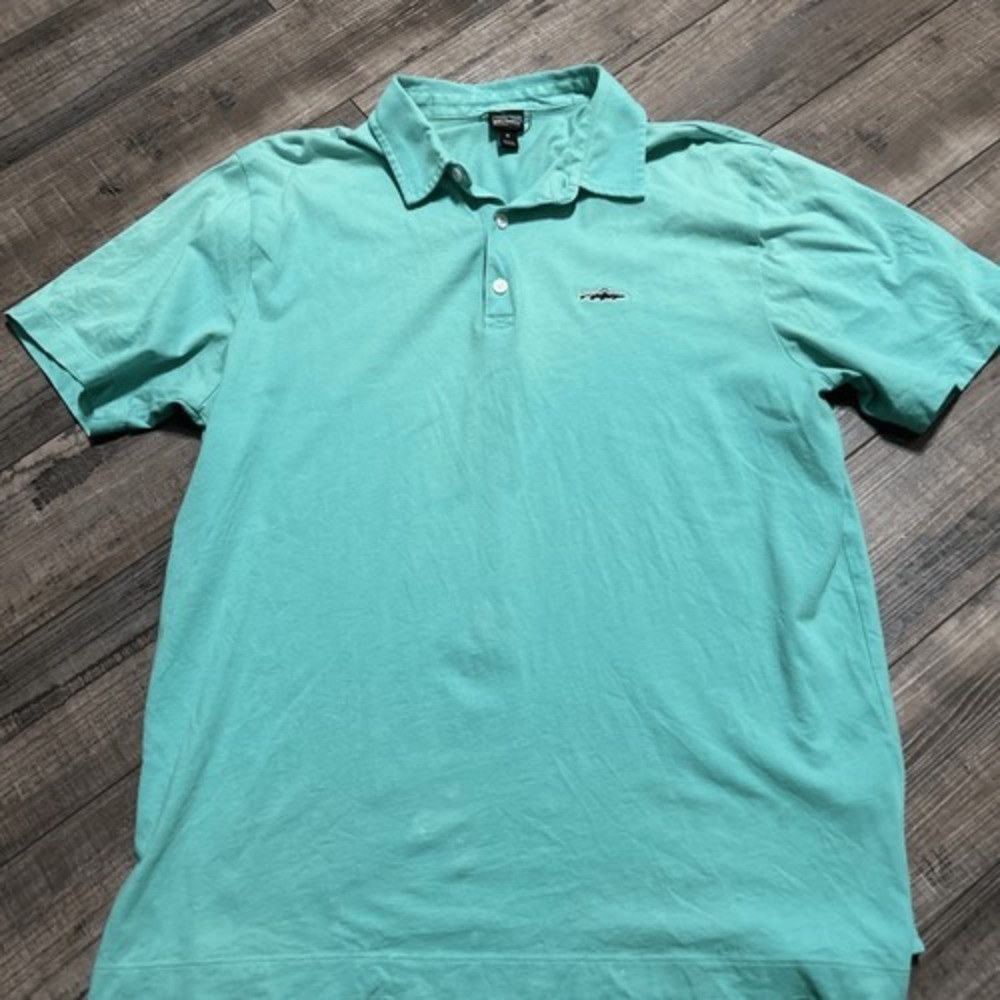 Patagonia Organic Cotton Polo Shirt Men's Med Solid Teal Trout Fish Logo Classic